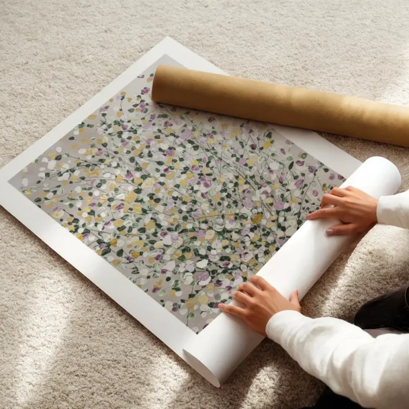 affiche avec peinture a points colores formant une feuille abstraite sur fond gr enroule.webp