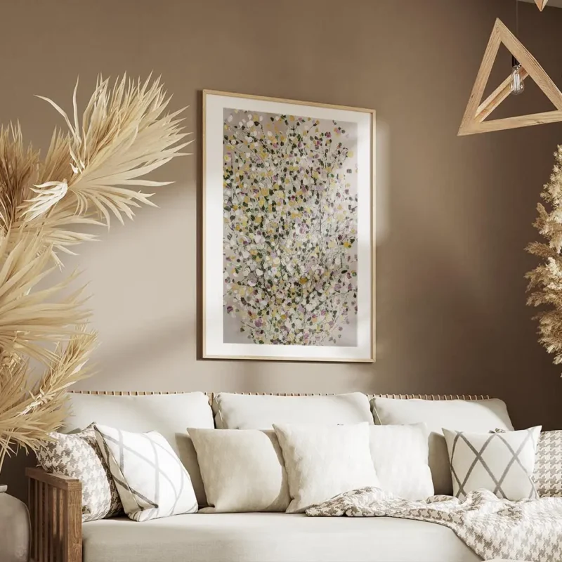 affiche avec peinture a points colores formant une feuille abstraite sur fond gr salon.webp