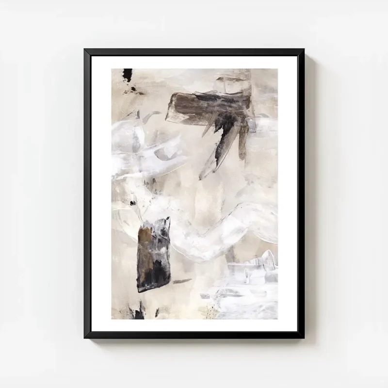 affiche avec peinture abstraite beige blanc et gris touches de noir et marron co avec cadre.webp