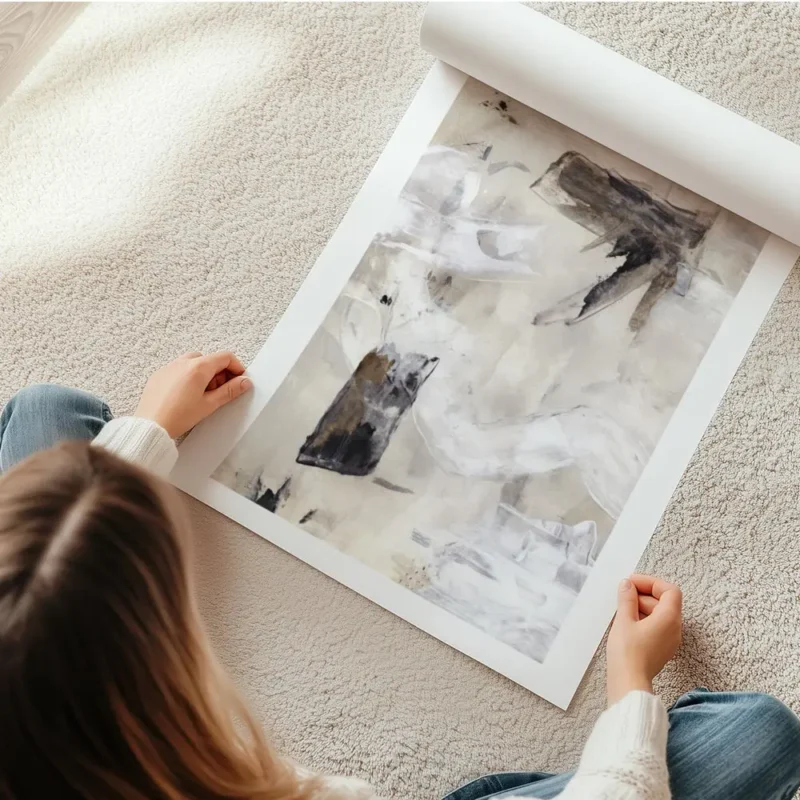 affiche avec peinture abstraite beige blanc et gris touches de noir et marron co en rouleau.webp