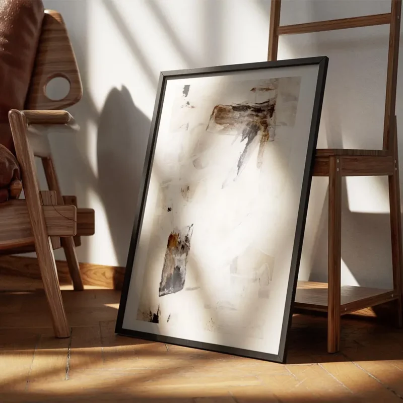 affiche avec peinture abstraite beige blanc et gris touches de noir et marron co encadre.webp