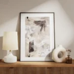 affiche avec peinture abstraite beige blanc et gris touches de noir et marron co meuble.webp