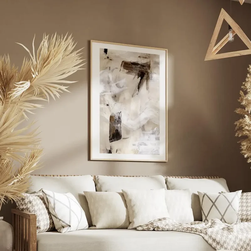 affiche avec peinture abstraite beige blanc et gris touches de noir et marron co salon.webp