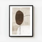 affiche avec peinture abstraite de formes organiques marron et blanches traverse avec cadre.webp