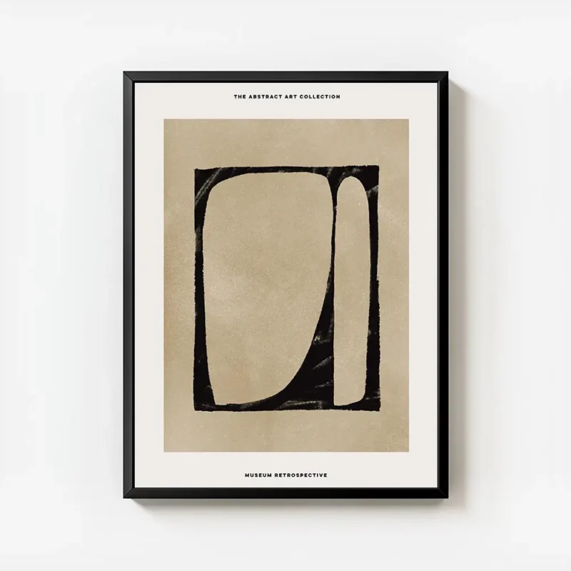 affiche avec peinture abstraite noire et beige typographie museum retrospective avec cadre.webp