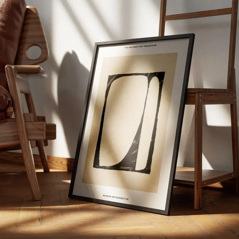 affiche avec peinture abstraite noire et beige typographie museum retrospective encadre.webp