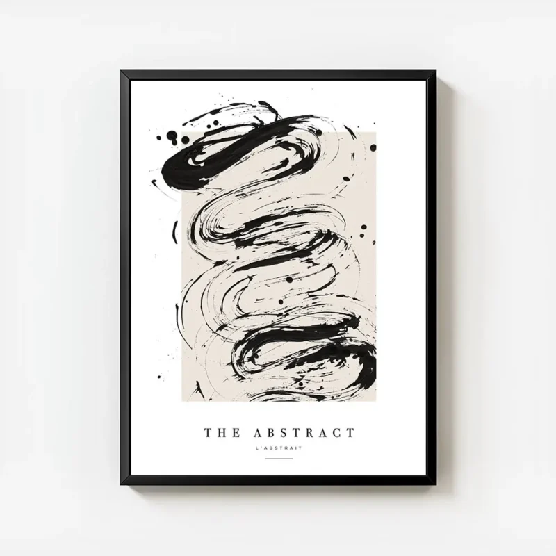 affiche avec peinture abstraite noire sur fond beige et typographie the abstract avec cadre.webp