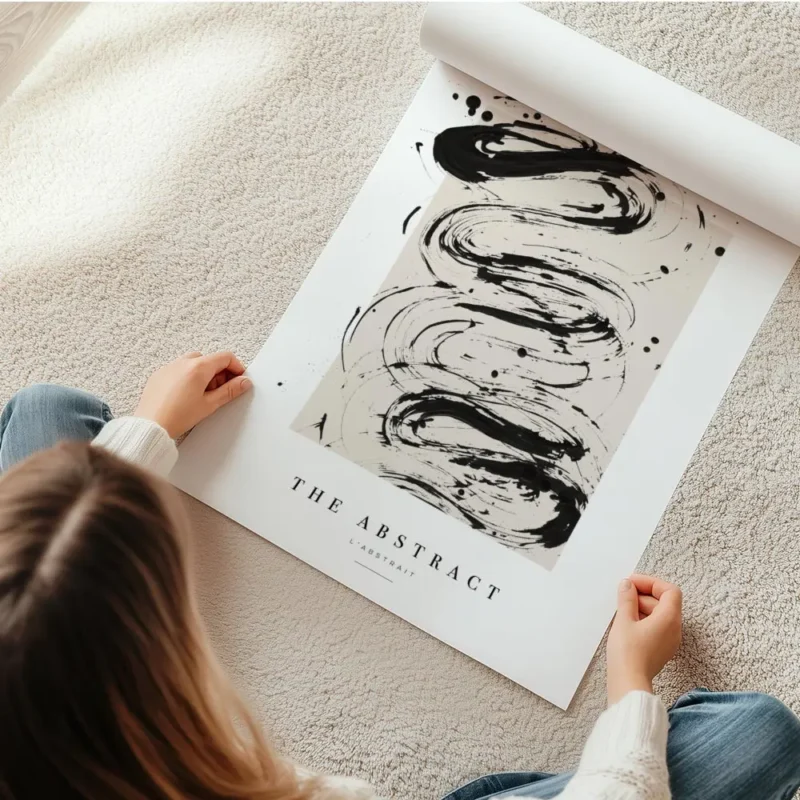 affiche avec peinture abstraite noire sur fond beige et typographie the abstract en rouleau.webp