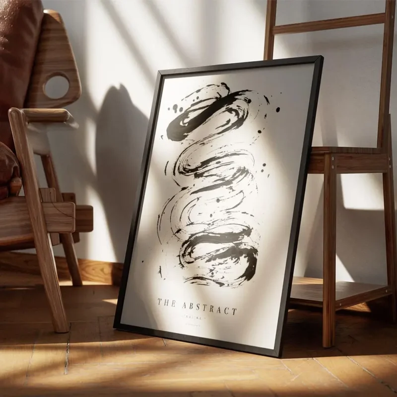 affiche avec peinture abstraite noire sur fond beige et typographie the abstract encadre.webp