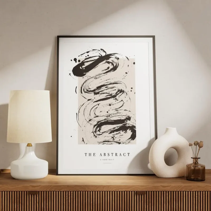 affiche avec peinture abstraite noire sur fond beige et typographie the abstract meuble.webp