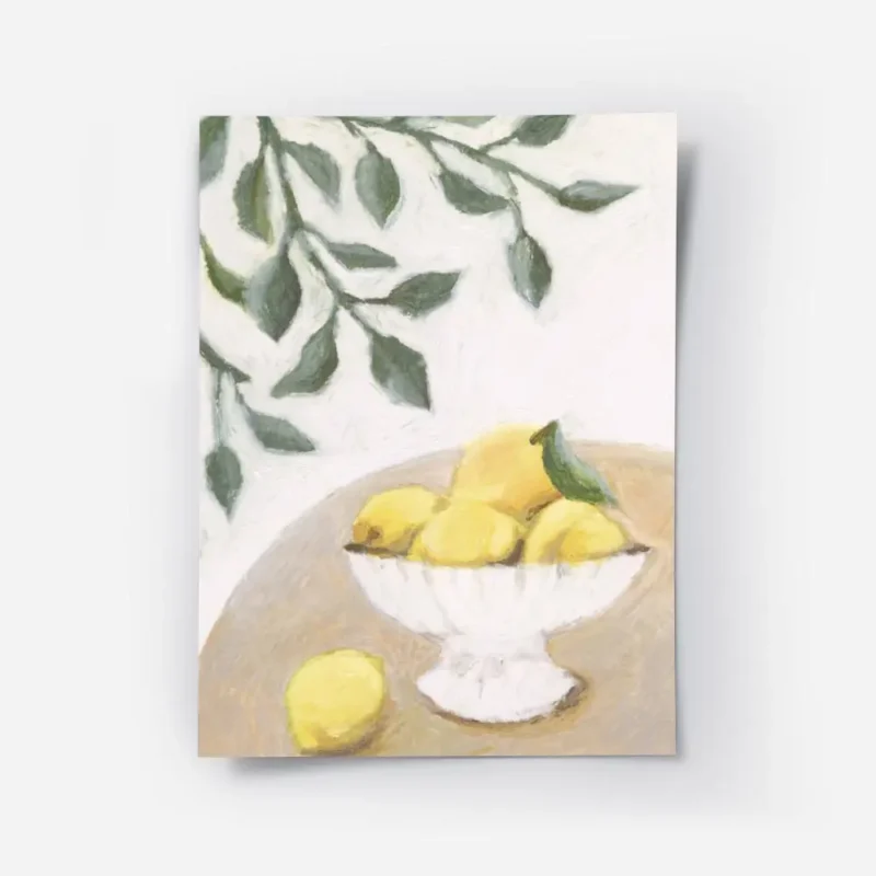 affiche avec peinture dun bol blanc rempli de citrons jaunes sur une table feuil.webp