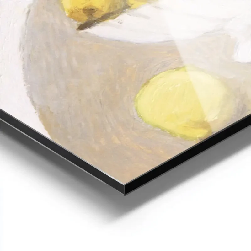 affiche avec peinture dun bol blanc rempli de citrons jaunes sur une table feuil aluminium.webp