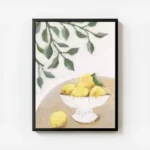 affiche avec peinture dun bol blanc rempli de citrons jaunes sur une table feuil avec cadre.webp