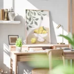 affiche avec peinture dun bol blanc rempli de citrons jaunes sur une table feuil bureau.webp