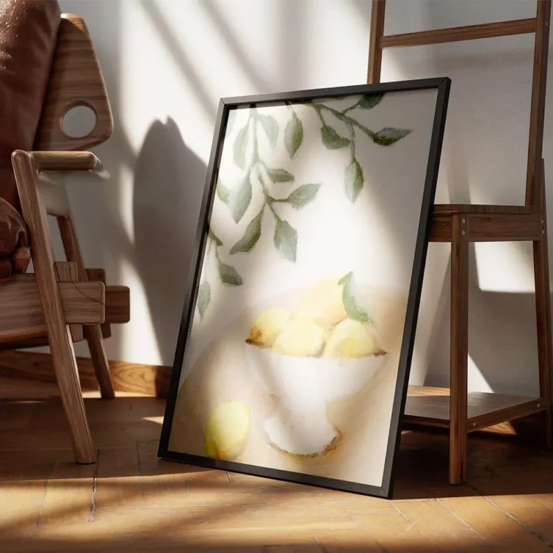 affiche avec peinture dun bol blanc rempli de citrons jaunes sur une table feuil encadre.webp