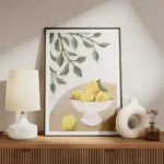 affiche avec peinture dun bol blanc rempli de citrons jaunes sur une table feuil meuble.webp