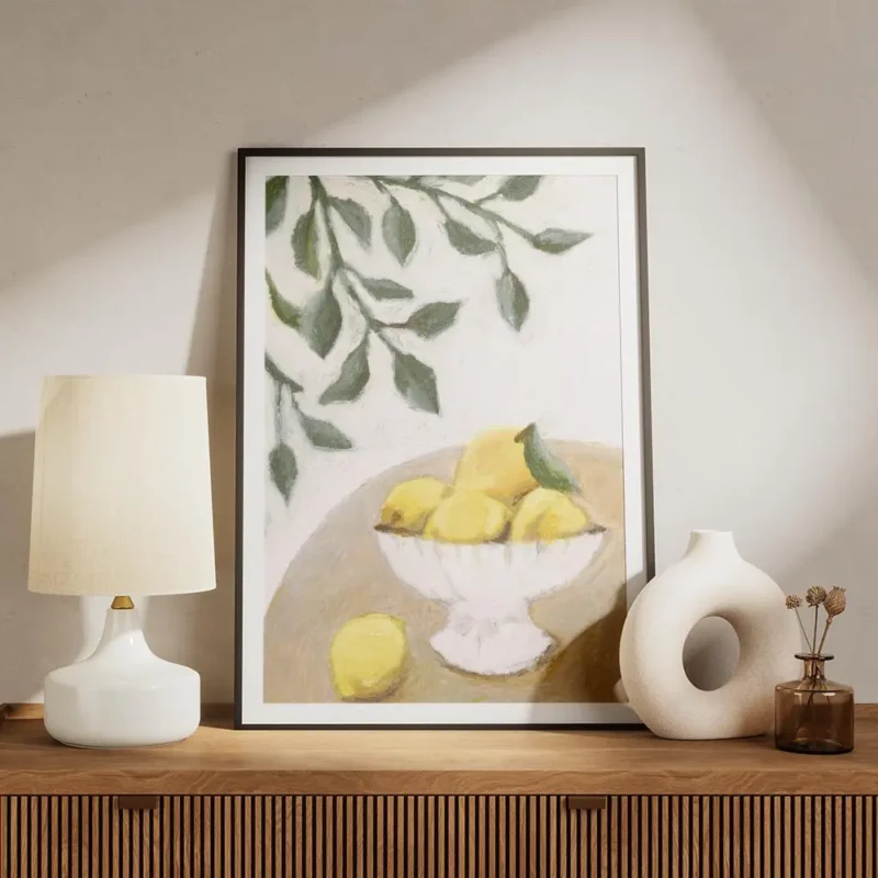 affiche avec peinture dun bol blanc rempli de citrons jaunes sur une table feuil meuble.webp