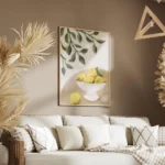 affiche avec peinture dun bol blanc rempli de citrons jaunes sur une table feuil salon.webp