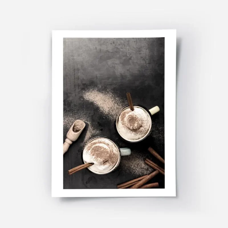 affiche avec photographie de deux tasses de cafe latte vues den haut garnies de .webp