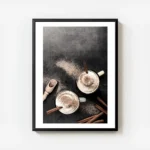 affiche avec photographie de deux tasses de cafe latte vues den haut garnies de avec cadre.webp