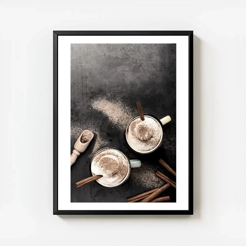 affiche avec photographie de deux tasses de cafe latte vues den haut garnies de avec cadre.webp