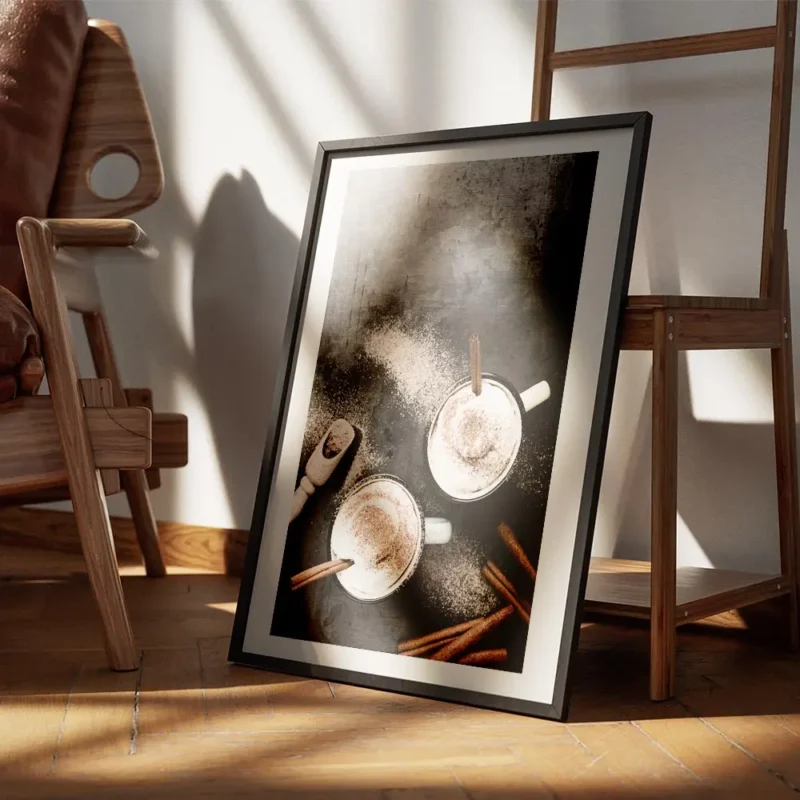 affiche avec photographie de deux tasses de cafe latte vues den haut garnies de encadre.webp