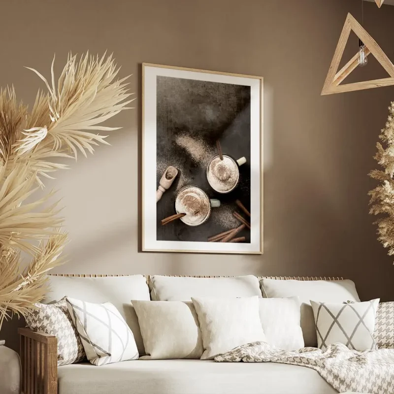 affiche avec photographie de deux tasses de cafe latte vues den haut garnies de salon.webp