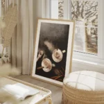 affiche avec photographie de deux tasses de cafe latte vues den haut garnies de salon beige.webp