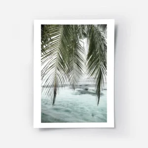 affiche avec photographie de feuilles de palmier vertes pendant sur un ocean ble.webp