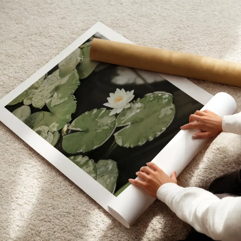 affiche avec photographie de nenuphars blancs et de feuilles vertes flottant sur enroule.webp