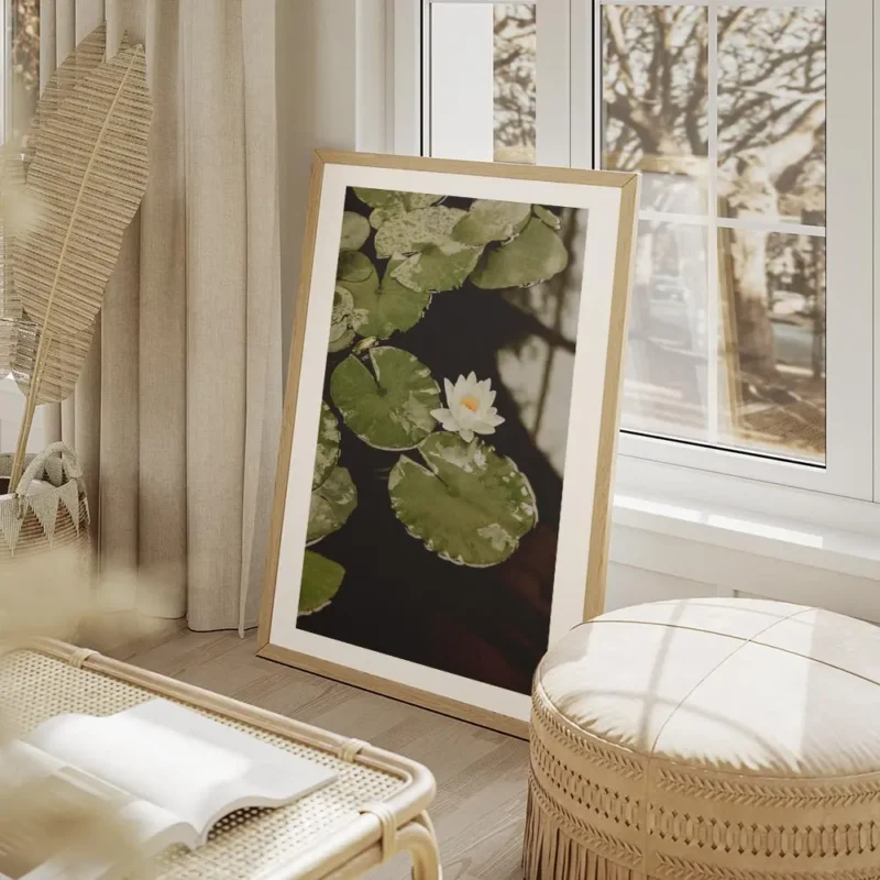affiche avec photographie de nenuphars blancs et de feuilles vertes flottant sur salon beige.webp