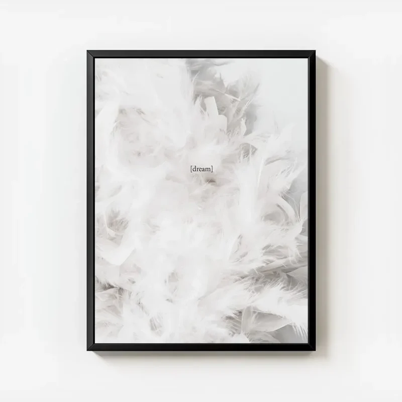 affiche avec photographie de plumes blanches et le texte dream en typographie au avec cadre.webp