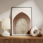 affiche avec photographie dune porte doree gravee de motifs orientaux sous une a meuble.webp