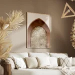 affiche avec photographie dune porte doree gravee de motifs orientaux sous une a salon.webp