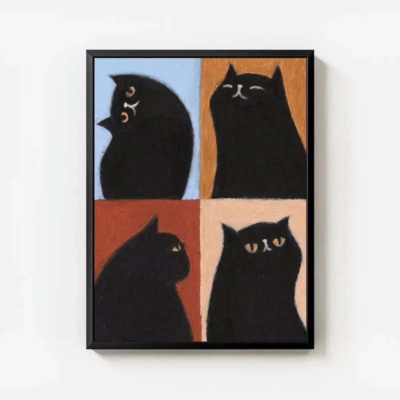 affiche avec quatre chats noirs aux expressions variees sur des fonds bleu orang avec cadre.webp