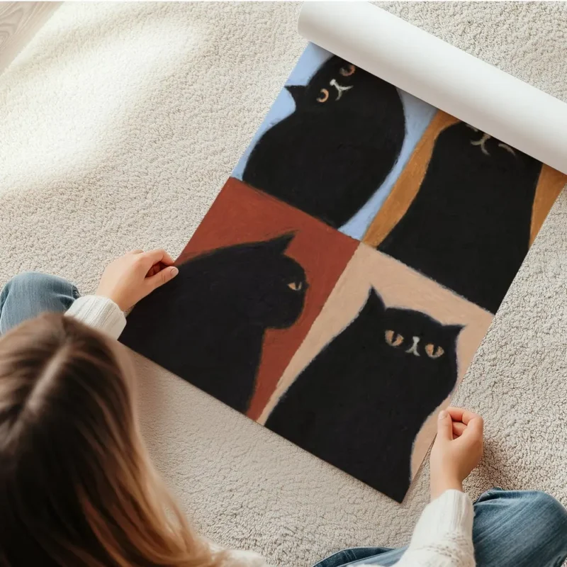 affiche avec quatre chats noirs aux expressions variees sur des fonds bleu orang en rouleau.webp