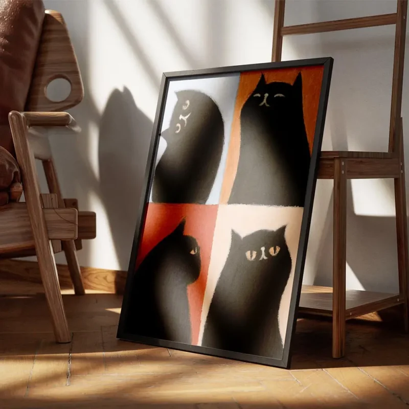 affiche avec quatre chats noirs aux expressions variees sur des fonds bleu orang encadre.webp