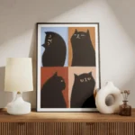 affiche avec quatre chats noirs aux expressions variees sur des fonds bleu orang meuble.webp