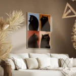 affiche avec quatre chats noirs aux expressions variees sur des fonds bleu orang salon.webp