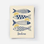 affiche avec quatre sardines bleues stylisees et des quartiers de citron jaune s.webp