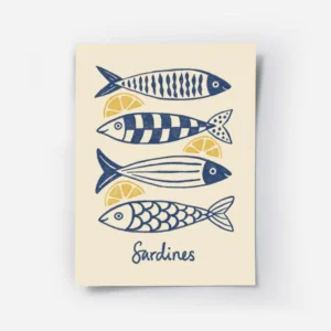 affiche avec quatre sardines bleues stylisees et des quartiers de citron jaune s.webp