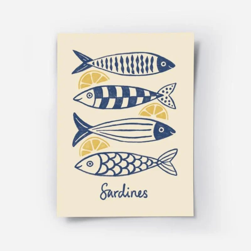affiche avec quatre sardines bleues stylisees et des quartiers de citron jaune s.webp