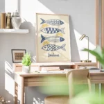 affiche avec quatre sardines bleues stylisees et des quartiers de citron jaune s bureau.webp