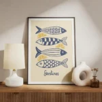 affiche avec quatre sardines bleues stylisees et des quartiers de citron jaune s meuble.webp