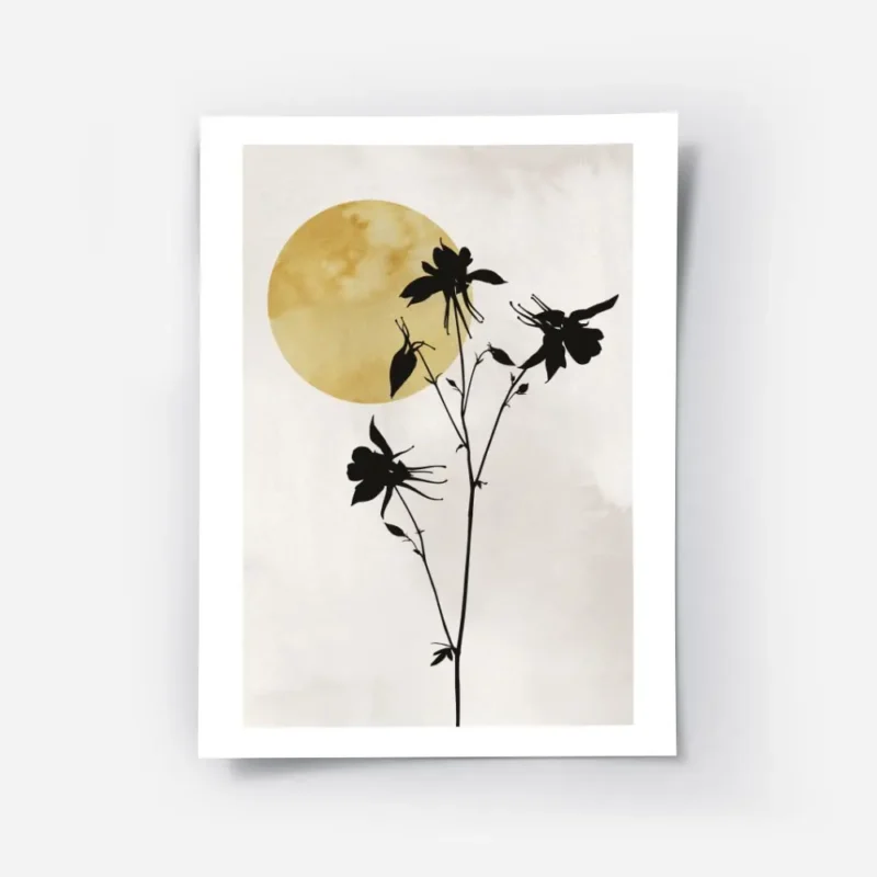 affiche avec silhouettes de fleurs noires sur fond beige un soleil jaune en arri.webp