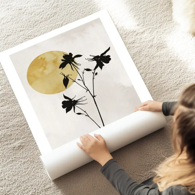 affiche avec silhouettes de fleurs noires sur fond beige un soleil jaune en arri au sol.webp