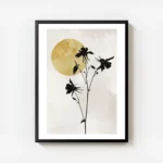 affiche avec silhouettes de fleurs noires sur fond beige un soleil jaune en arri avec cadre.webp