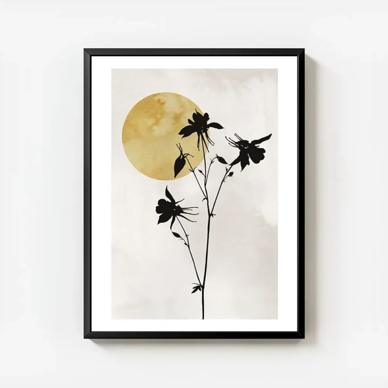 affiche avec silhouettes de fleurs noires sur fond beige un soleil jaune en arri avec cadre.webp