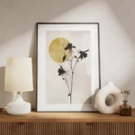 affiche avec silhouettes de fleurs noires sur fond beige un soleil jaune en arri meuble.webp