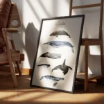 affiche avec six illustrations de baleines peintes a la main dont la baleine ble encadre.webp